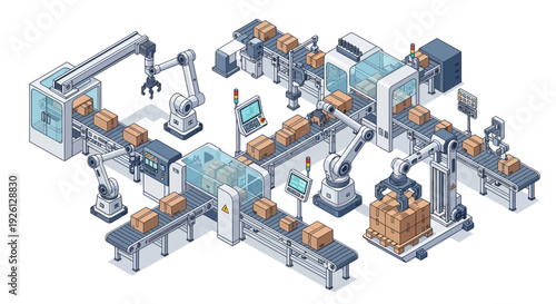 Automated industrial production line with robotic arms and conveyor belts processing packages.