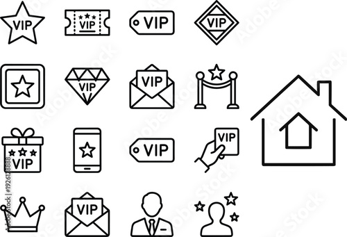 VIP Premium Membership Line Icon Set with Star Badge, Ticket, Envelope, Crown, Red Carpet and Exclusive Access Symbols Collection
