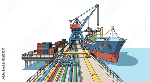 Illustration of a cargo ship being loaded and unloaded at a busy industrial port with cranes and pipelines.