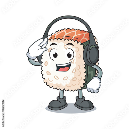 Cartoon sushi character listening to music with headphones in a fun and playful style