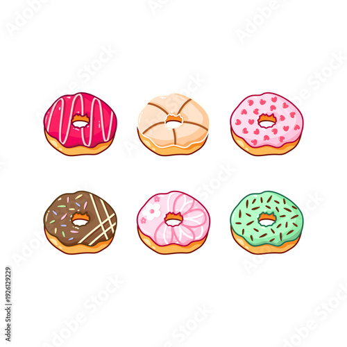 vector set of assorted donuts with various glaze and toppings including strawberry, chocolate, tiramisu, Caramel and mint choco.
