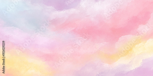 Dreamy watercolor background soft pastel colors serene sky with clouds abstract landscape in pink blue and yellow orange purple tones.