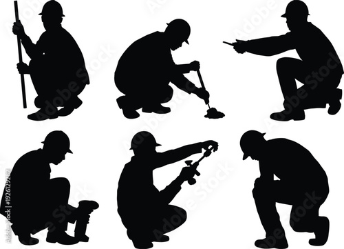 Construction Worker Silhouette Icons Set Featuring Measuring, Inspecting, and Ground-Level Tool Use for Occupational and Technical Design