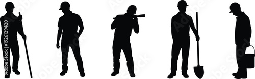 Construction Worker Silhouette Icons Set Featuring Pole Holding, Tool Carrying, Shovel Tasks, and Bucket Work for Occupational Design