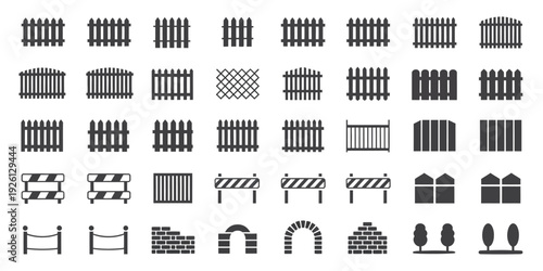 Comprehensive vector icon pack featuring fence, barrier, gate, and perimeter designs for security, property, and garden visuals for ranked protection graphics, landscape planning, construction project