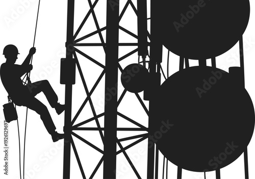 Rope Access Technician Climbing Industrial Tower Structure Silhouette with Large Storage Tanks, High Rise Maintenance and Industrial Safety Concept