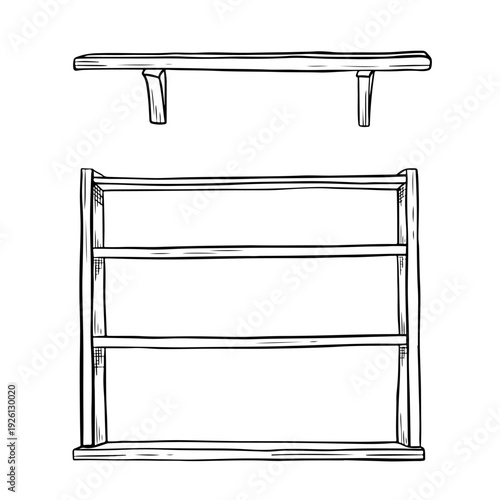 Illustration of a minimalist wall-mounted wooden shelf and a three-tiered bookshelf, both in black and white line art style against a white background.