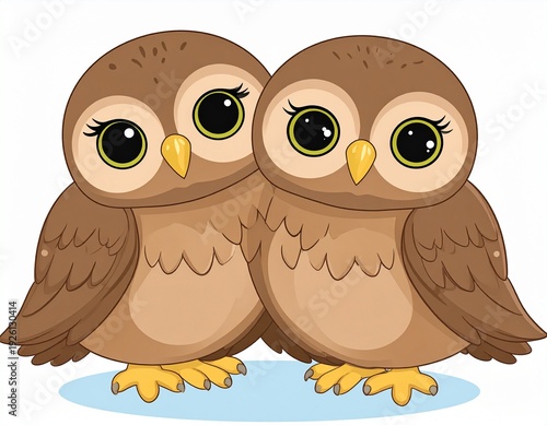 Two adorable cartoon owls standing together, perfect for childrens illustrations and educational materials.