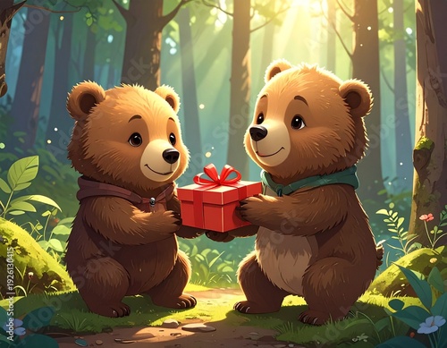 Two Adorable Brown Bears Exchanging a Red Gift Box in a Lush Forest Setting.