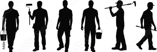 Construction worker silhouettes collection, builders carrying tools bucket and roller isolated black shadow figures set