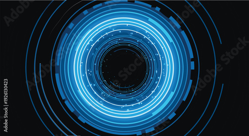 Abstract blue glowing digital portal background with circular light trails, futuristic high tech tunnel interface, cyber space energy vortex, cad drawing flat vector illustration