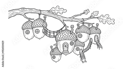 Cluster of acorn houses with chimneys on an oak branch coloring page
