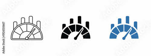 Dashboard gauge icon with performance indicators and chart bars, analytics and KPI monitoring symbol, business metrics, statistics and data measurement concept, productivity and progress pictogram f