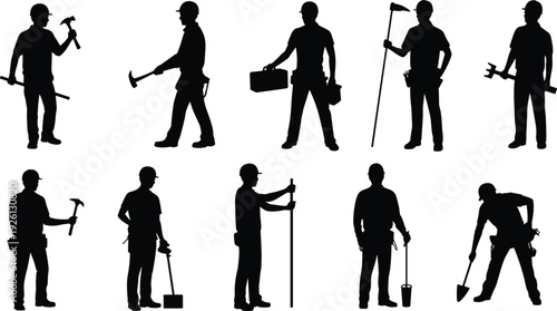 Construction worker silhouettes collection, builders with hammer shovel and toolbox isolated black vector illustration set