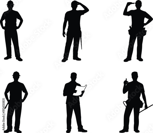 Construction worker silhouettes inspection standing blueprint poses collection, builder professional team set, industrial occupation illustration concept