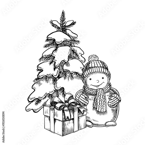 A Christmas snowman next to a snow-covered Christmas tree and a gift box. Black and white graphics, hand-drawn vector illustration. Perfect for postcards, posters, banners, packaging, and more.