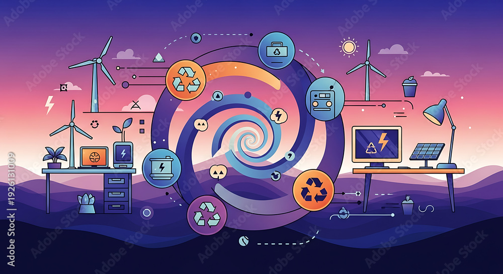 Obraz premium Eco friendly technology and renewable energy solutions concept with spiral design and wind turbines at sunset