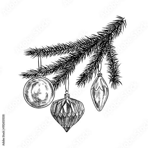 A spruce branch decorated with Christmas tree ornaments. Black and white graphics handmade vector illustration. An element of your Christmas and New Year design for greeting cards, packaging and more