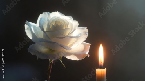 White rose and candle in soft light with dark background.