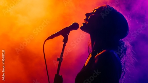 Silhouette of a female singer passionately singing into a microphone on a stage illuminated with vibrant orange and purple lights, creating a dramatic and artistic performance atmosphere