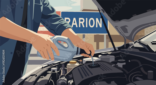 Person pouring fresh engine oil into a car, performing routine vehicle maintenance and fluid check. DIY automotive care and service illustration.