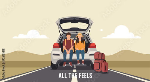 Couple sitting in car trunk on a desolate road, contemplating during a road trip adventure, symbolizing freedom, travel, and emotional journey.