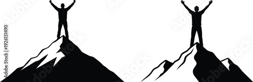 Two people standing on mountain peaks with arms raised