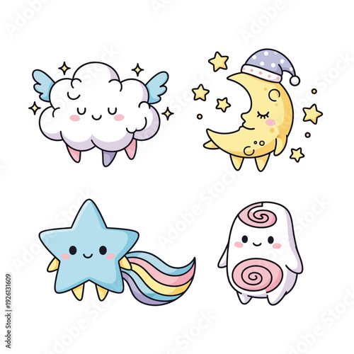 Cute Kawaii Characters: Cloud, Moon, Star, and Blob - Dreamy Night Sky Elements