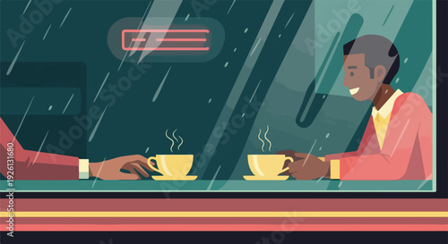 Two people sharing coffee and conversation at a cafe window on a rainy day, conveying warmth and connection.