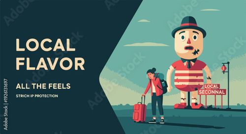 Traveler with suitcase and large mascot character, local flavor and all the feels concept