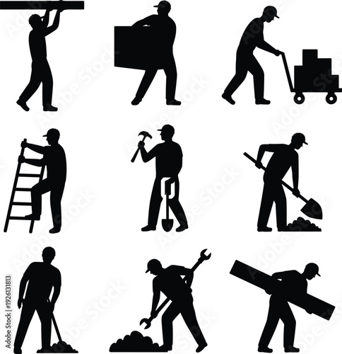 Construction worker silhouettes set, manual labor icons collection featuring builders carrying tools, ladder, shovel, hammer and equipment
