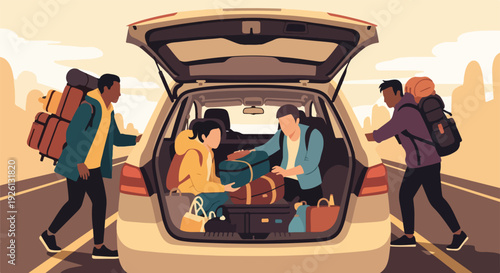 Friends packing luggage into car trunk for a road trip adventure. Group preparing for vacation journey, loading bags into vehicle for travel. Flat illustration.