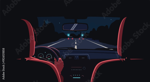 Illustration of a night drive from inside the car. Driver's hands on the steering wheel, dark road ahead with distant lights. Evokes journey, solitude, and travel.