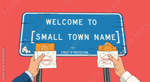 Illustration of a 'Welcome to Small Town Name' sign with hands holding iconic local fast food, representing community, travel, and regional culture.
