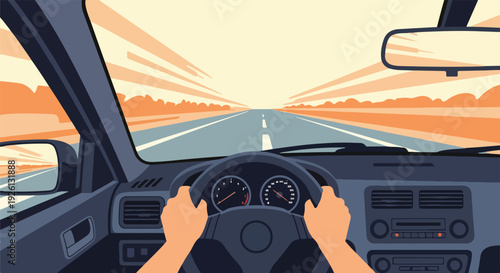 First-person view of hands on a steering wheel, driving a car down an open highway at sunset, illustrating travel, adventure, and the open road journey.