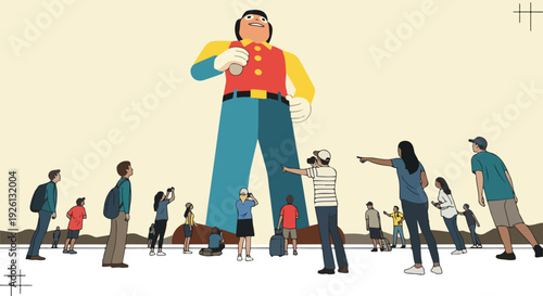 Diverse group of small people observing and photographing a massive, colorful mascot figure, illustrating scale, wonder, and tourist attraction.