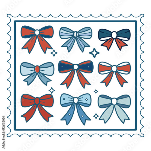 Patriotic Ribbon Bows Collection in Red White and Blue Vintage Stamp Style Illustration