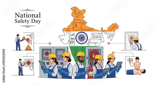 Illustration of people in hard hats working safely on industrial equipment on National Safety Day in India with a mix of icons and safety symbols.
