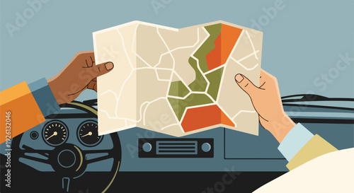 Two people in a car looking at a folded map, planning a road trip or navigating through a city, vintage illustration style.