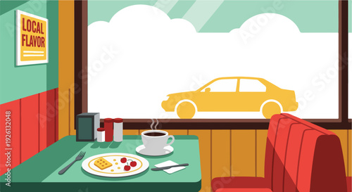 Cozy diner booth with coffee and breakfast, looking out at a passing car and a cloudy sky.