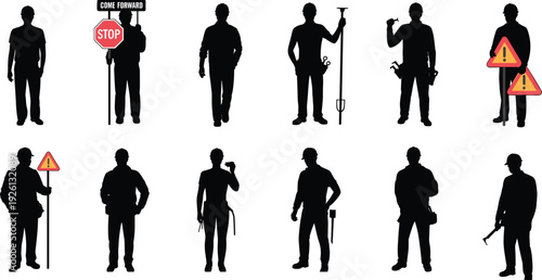 Construction worker silhouettes with safety signs, builders holding stop warning symbols isolated black shadow figures set
