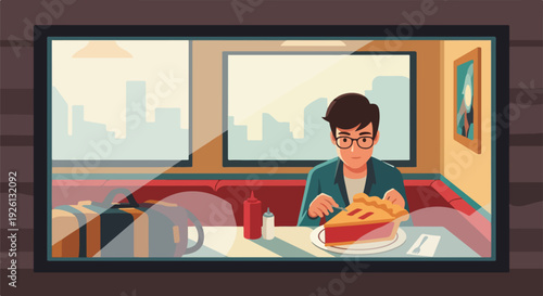 Solitary young man in glasses enjoying a delicious slice of cherry pie at a classic diner booth, city skyline reflected in the window, vector illustration.