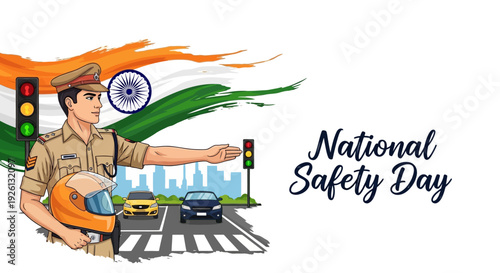 Illustration of an Indian traffic police officer directing traffic on National Safety Day with the Indian flag waving in the background and a cityscape at sunset.