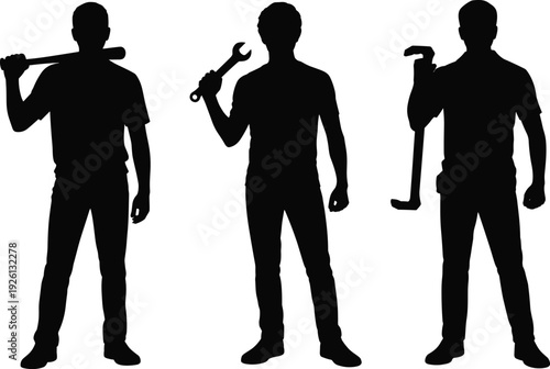 Worker Silhouettes with Baseball Bat, Wrench and Crowbar Isolated on White Background, Manual Labor, Maintenance and Construction Industry Concept Illustration