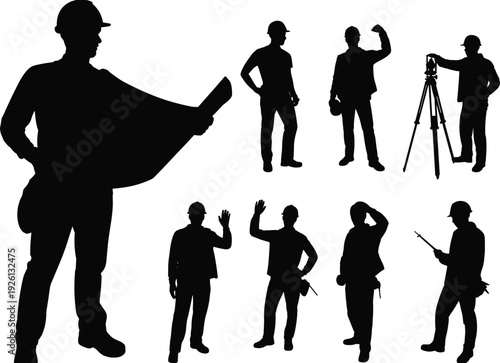 Construction worker silhouettes, engineer and survey illustration, blueprint and hard hat art, walkie-talkie design, workforce diversity concept, site representation