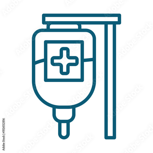 Blue outline of an IV bag on a stand with a medical cross