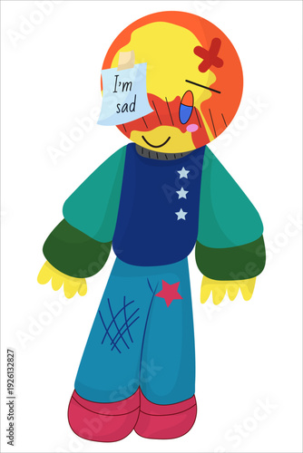 Colorful hand-drawn cartoon character in blue patchwork outfit with oversized shoes illustration.
