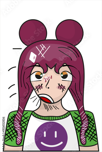 Cartoon angry girl character with pink hair buns braids and smiley face t-shirt illustration.