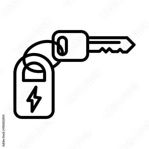 A black outline drawing of a key with a lightning bolt tag