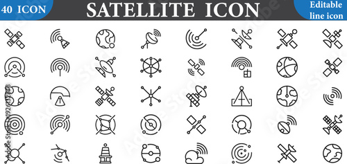 A set of 40 editable line icons representing different satellite related symbols